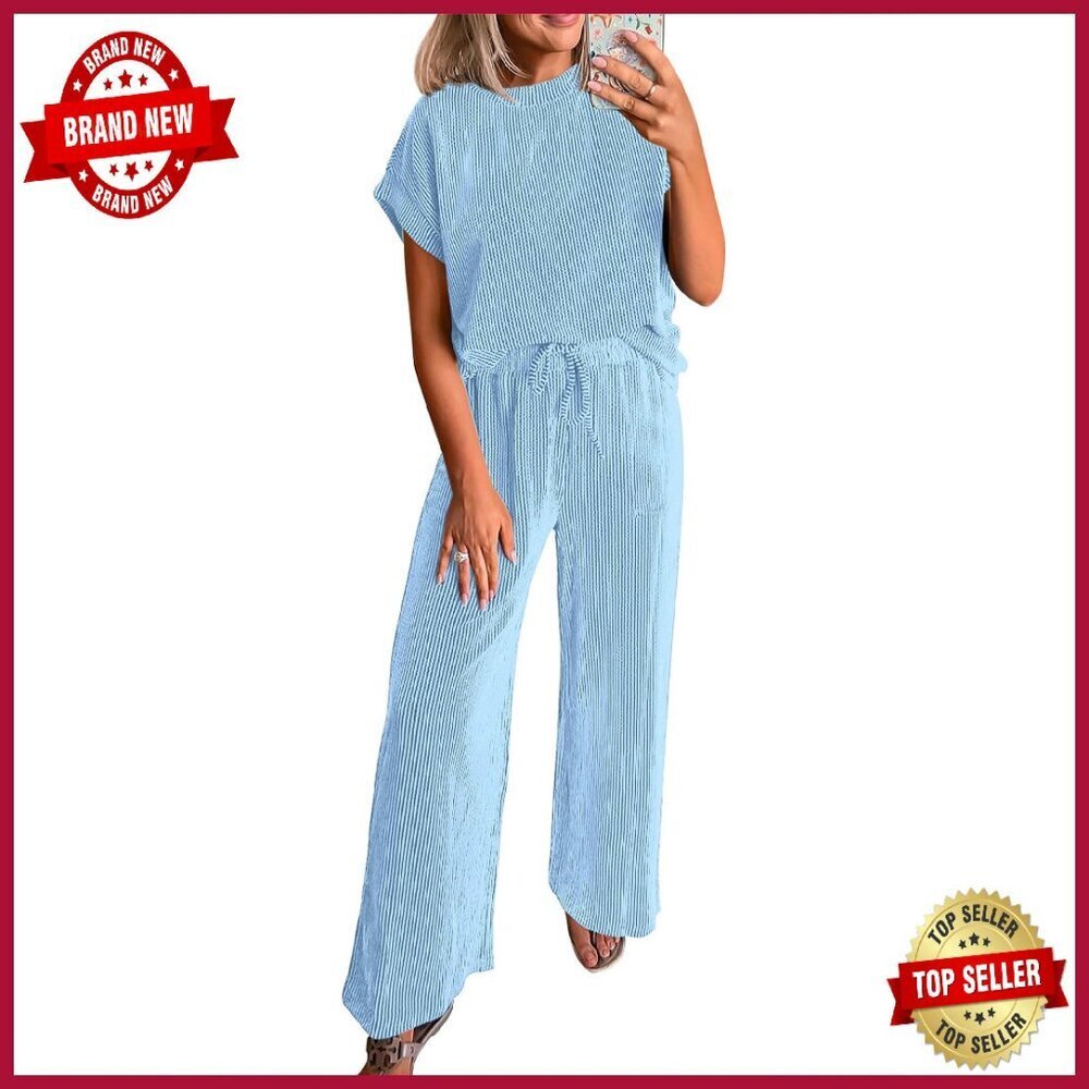 Ribbed Knit Lounge Set: Short Sleeve Top & Wide Leg Pants - Picture 1 of 8